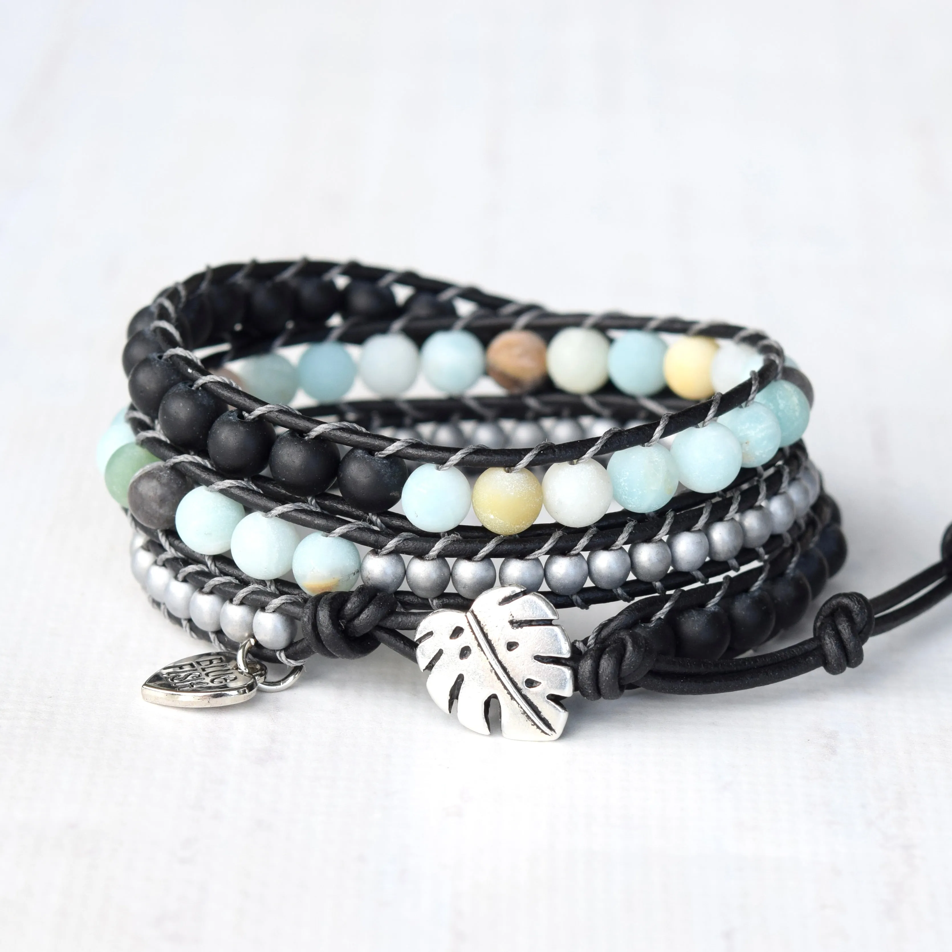 Amazonite, Onyx, & Hematite Beaded Spring Wrap Bracelet