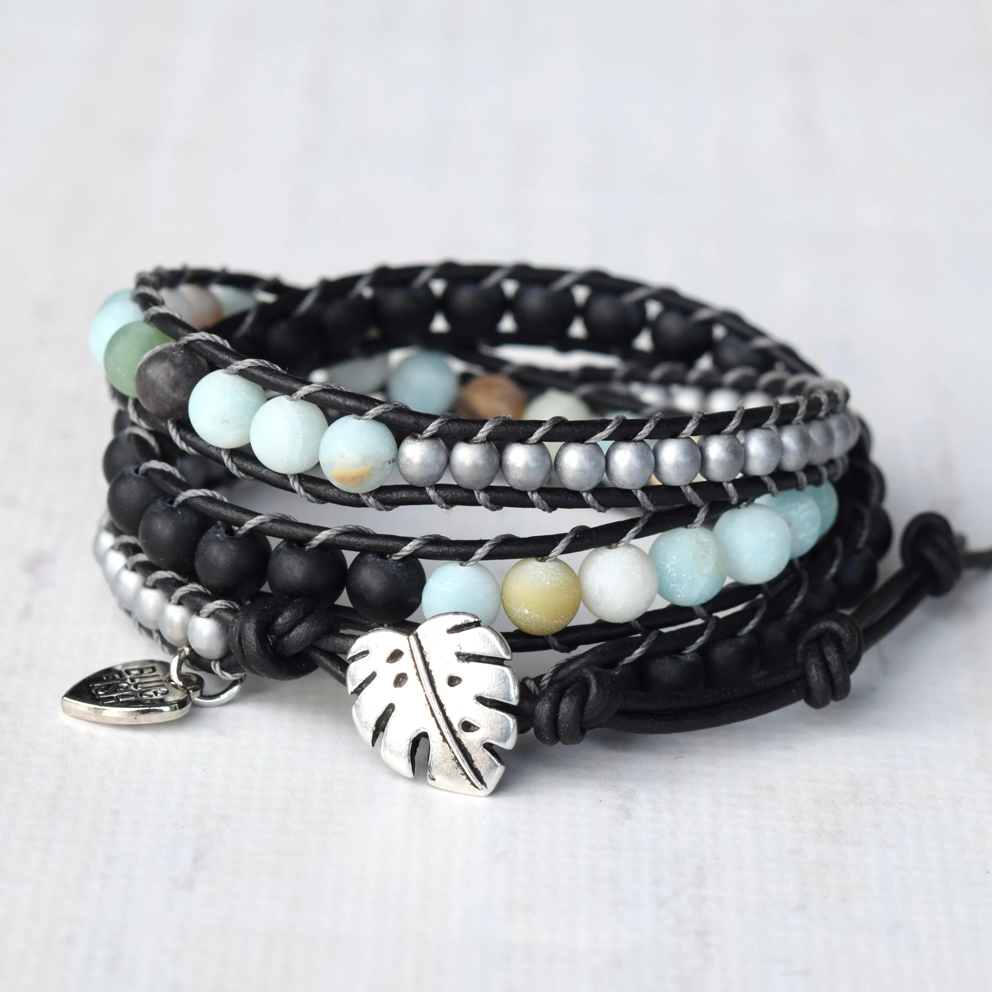 Amazonite, Onyx, & Hematite Beaded Spring Wrap Bracelet