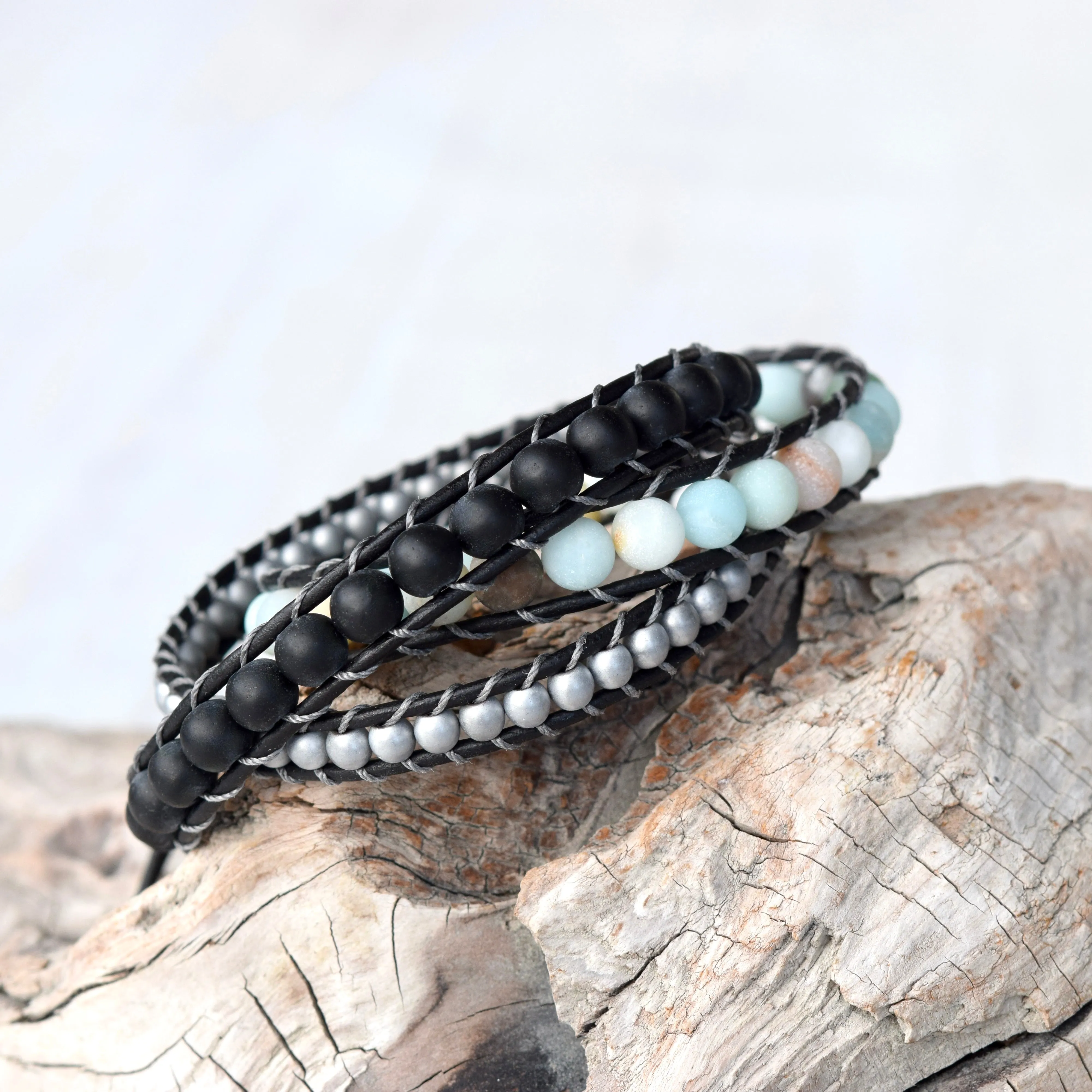 Amazonite, Onyx, & Hematite Beaded Spring Wrap Bracelet