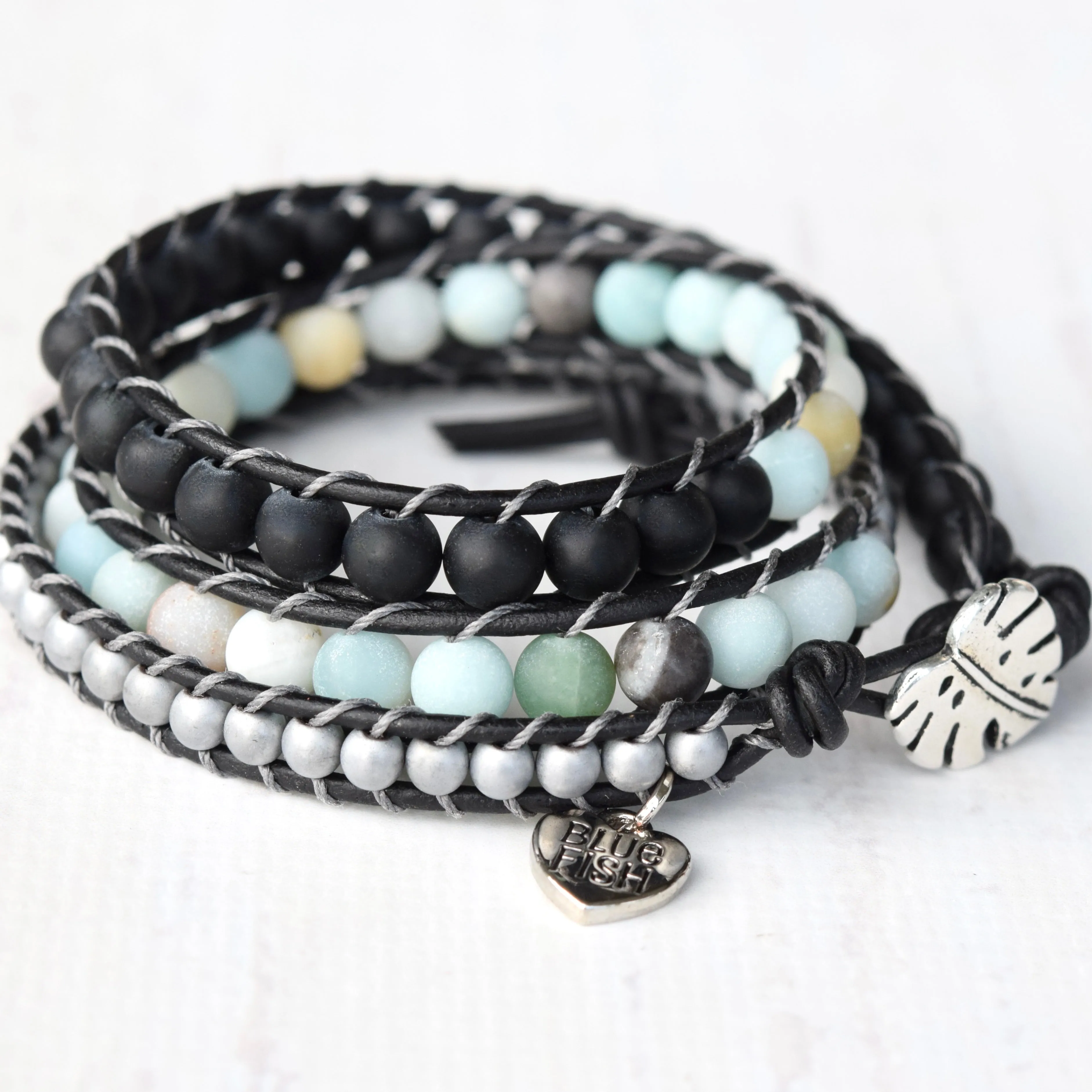 Amazonite, Onyx, & Hematite Beaded Spring Wrap Bracelet