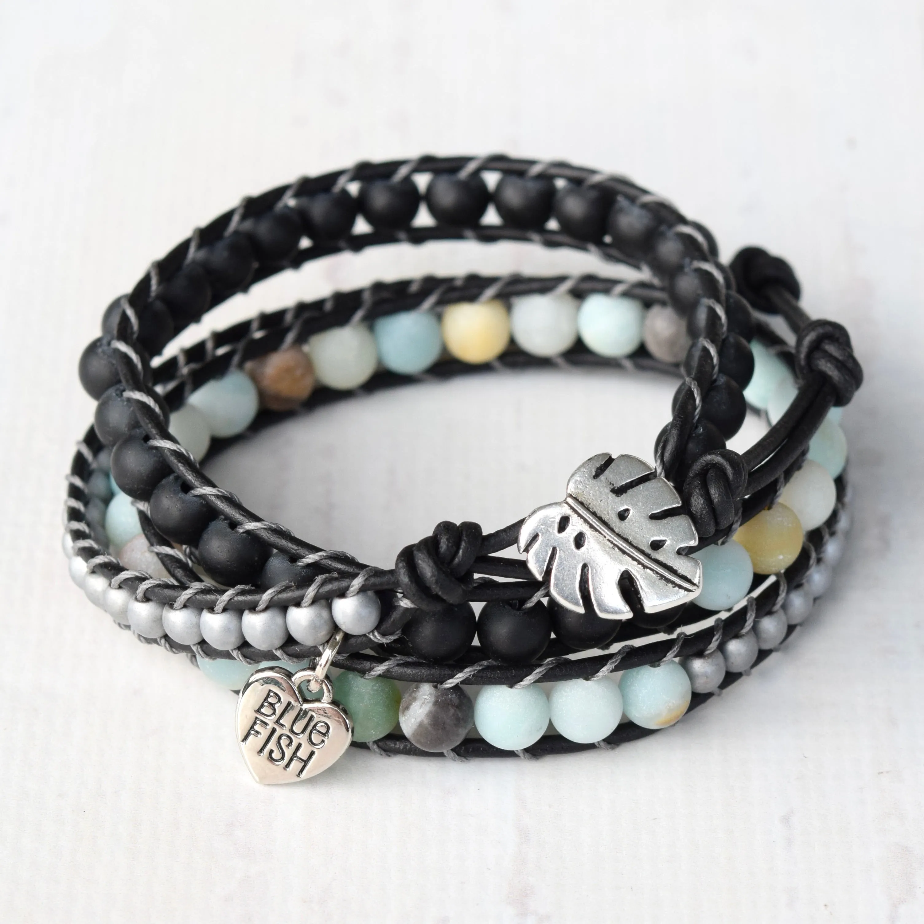 Amazonite, Onyx, & Hematite Beaded Spring Wrap Bracelet