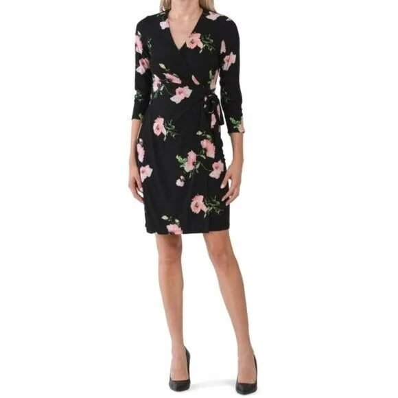 Anne Klein Floral Print V-Neck Wrap Mini Dress