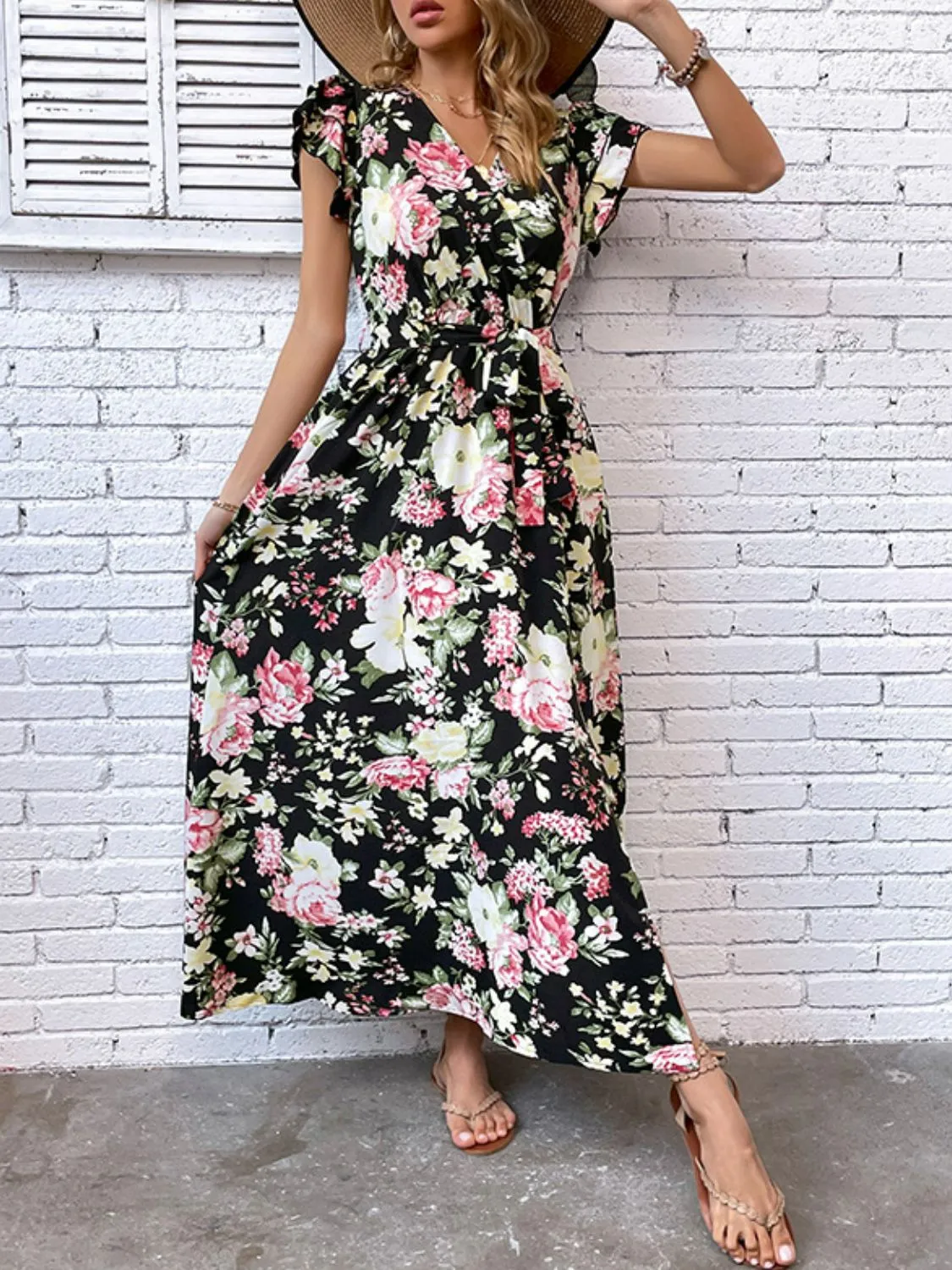 *APP EXCLUSIVE* Floral Flutter Sleeve Tie Waist Split Dress