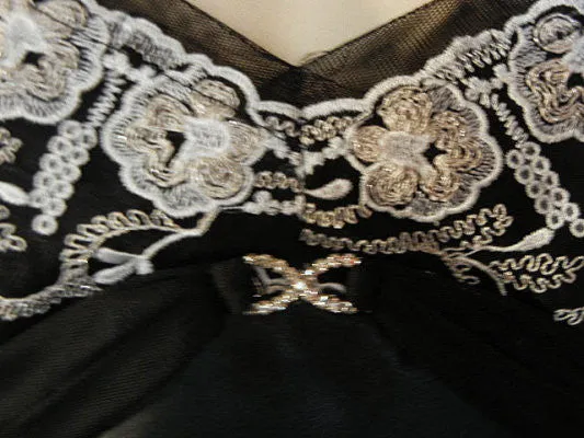 BEAUTIFUL FLORA NIKROOZ BLACK & SILVER EMBROIDERED SATIN NIGHTGOWN  ADORNED WITH A SPARKLING RHINESTONE CLIP- EXTRA LARGE - XL