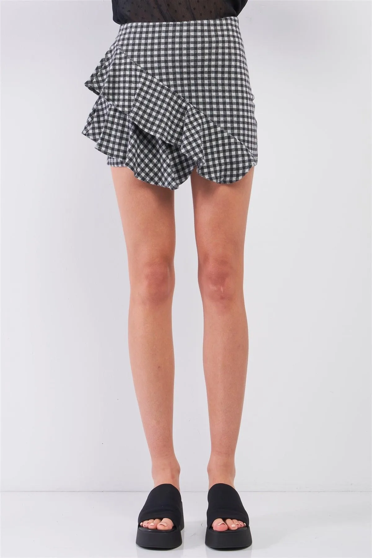 Black & Grey Buffalo Plaid High-Waisted Asymmetrical Ruffle Mini Skirt /2-2-1