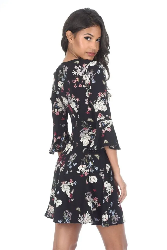 Black Floral Bell Sleeve Wrap Dress