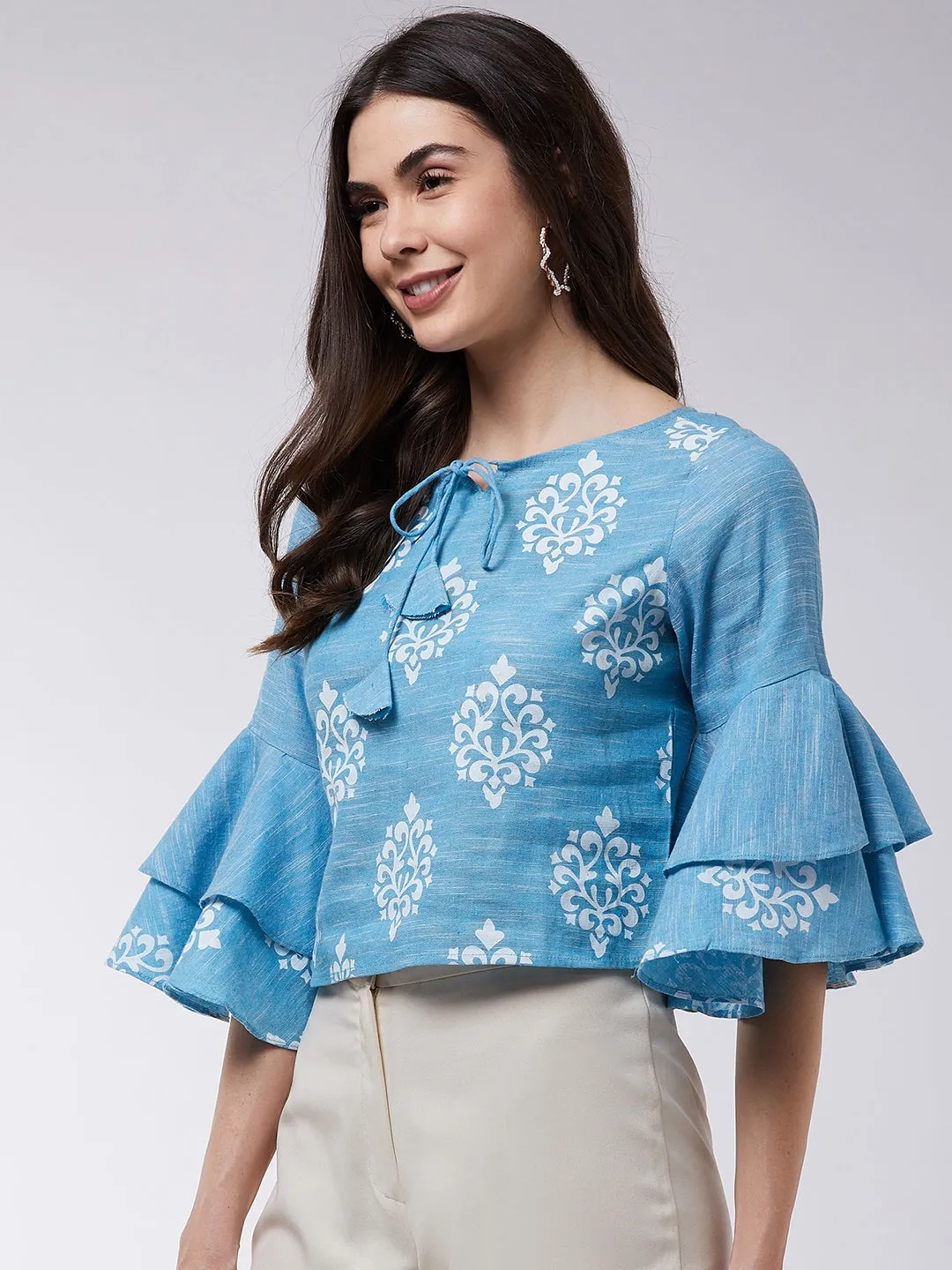 Block Printed Chambray Top With Bell Sleeves