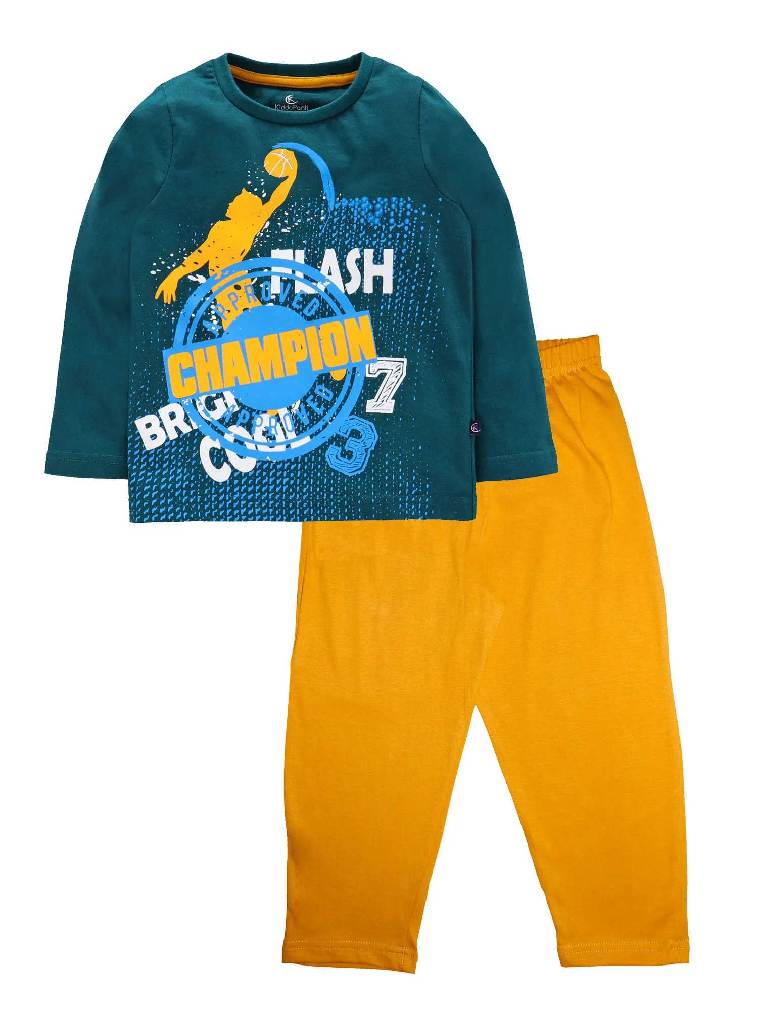 Boys Cotton Printed T-Shirt & Solid Pyjama Set