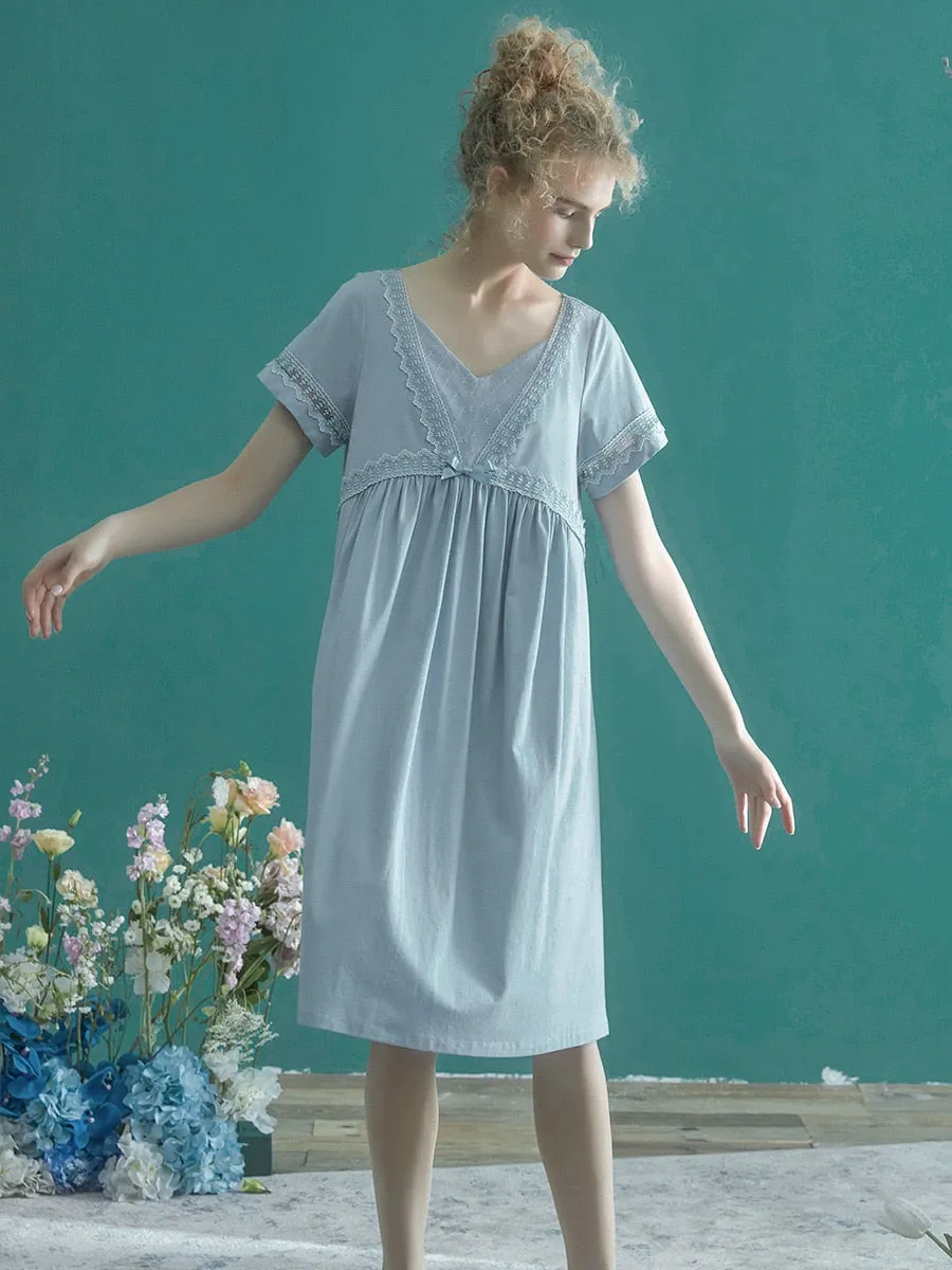 Cotton Short Sleeve Nightgown For Women, Vintage Royal Princess Sleepwear Loose Nightdress