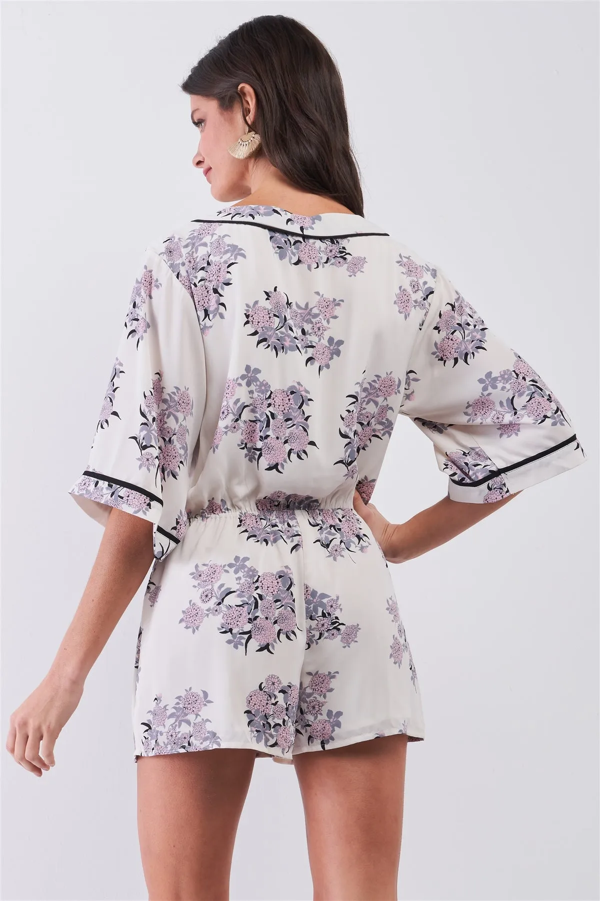 Dahlia Cream & Blush Kimono Inspired Floral Print Wrap Plunging V-neck Romper