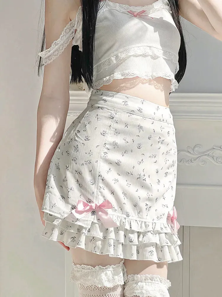 Girlary Floral Print Ruffle Mini Skirt White Kawaii Lolita Skirts Japanese Style Aesthetic Outfit Straight Bow Skirts Y2K Faldas