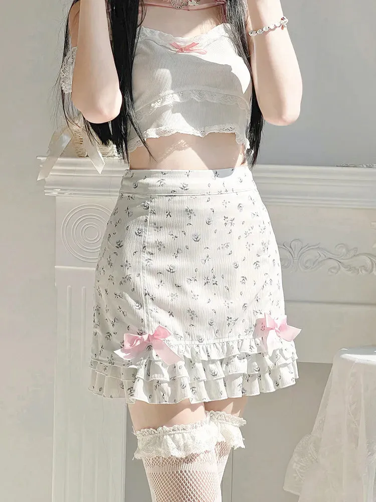 Girlary Floral Print Ruffle Mini Skirt White Kawaii Lolita Skirts Japanese Style Aesthetic Outfit Straight Bow Skirts Y2K Faldas