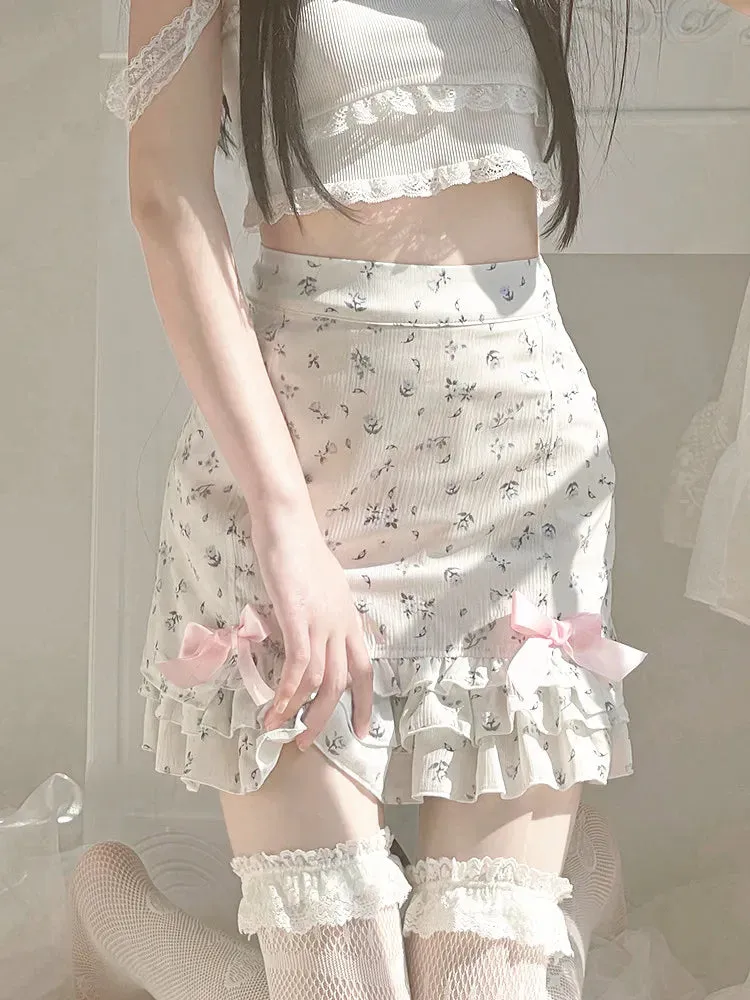 Girlary Floral Print Ruffle Mini Skirt White Kawaii Lolita Skirts Japanese Style Aesthetic Outfit Straight Bow Skirts Y2K Faldas