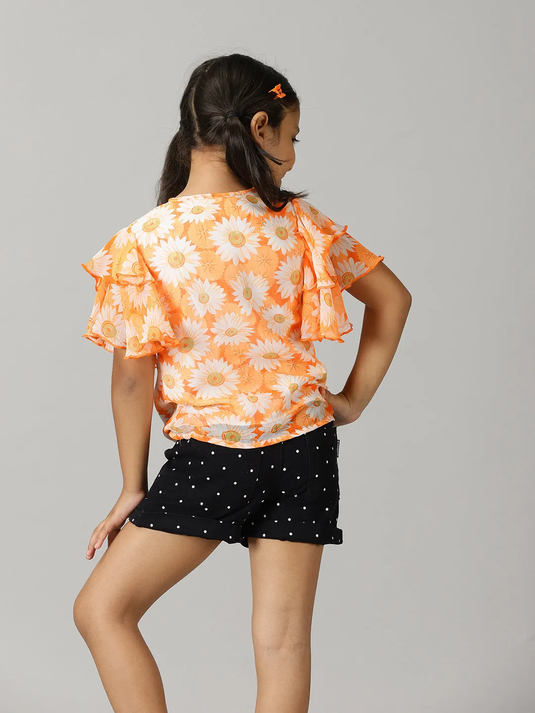 Girls Frill layered Sleeve Top & Basic Roll up Hot Short Set