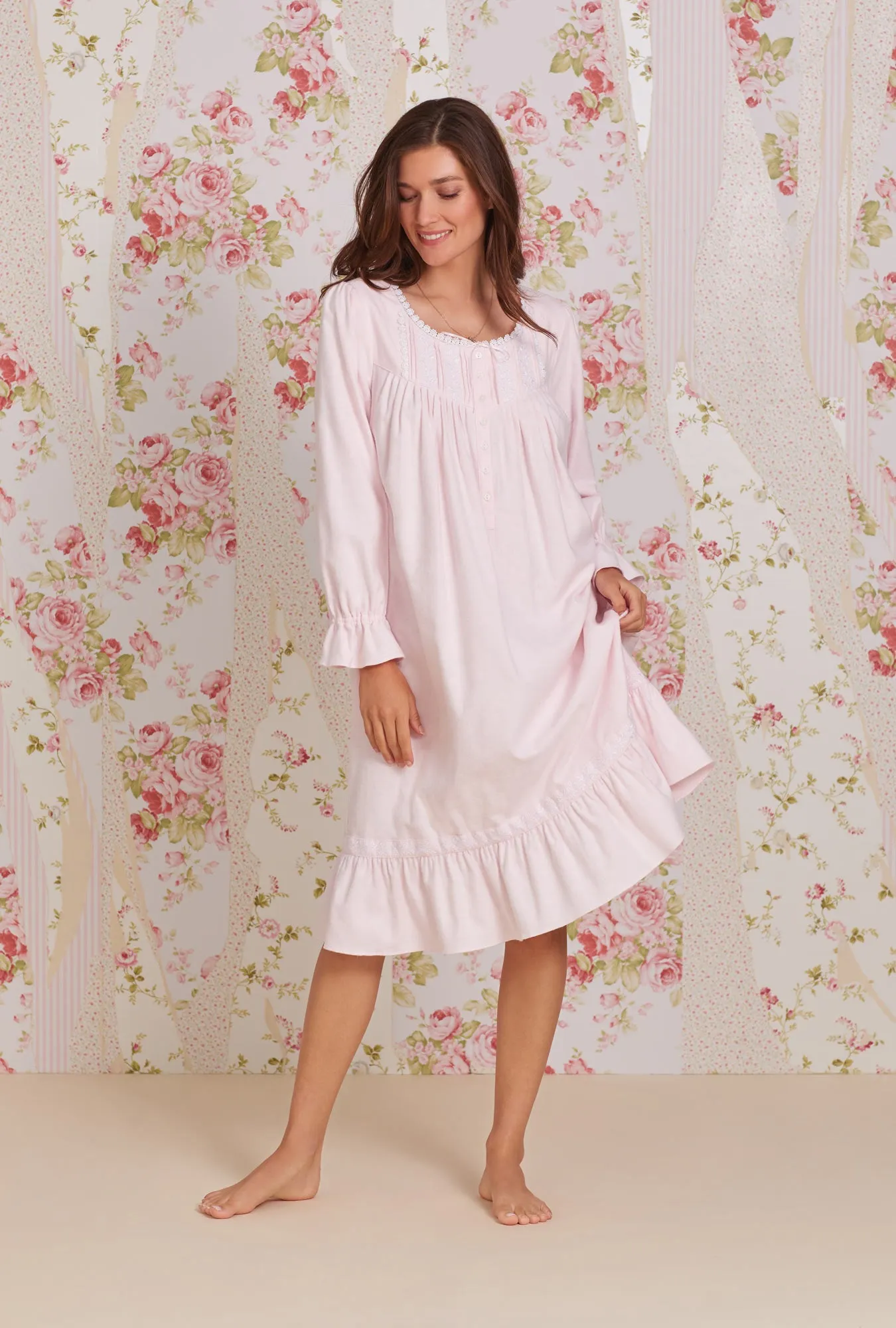 Heritage Cotton Flannel Embroidery Waltz Nightgown- Pink