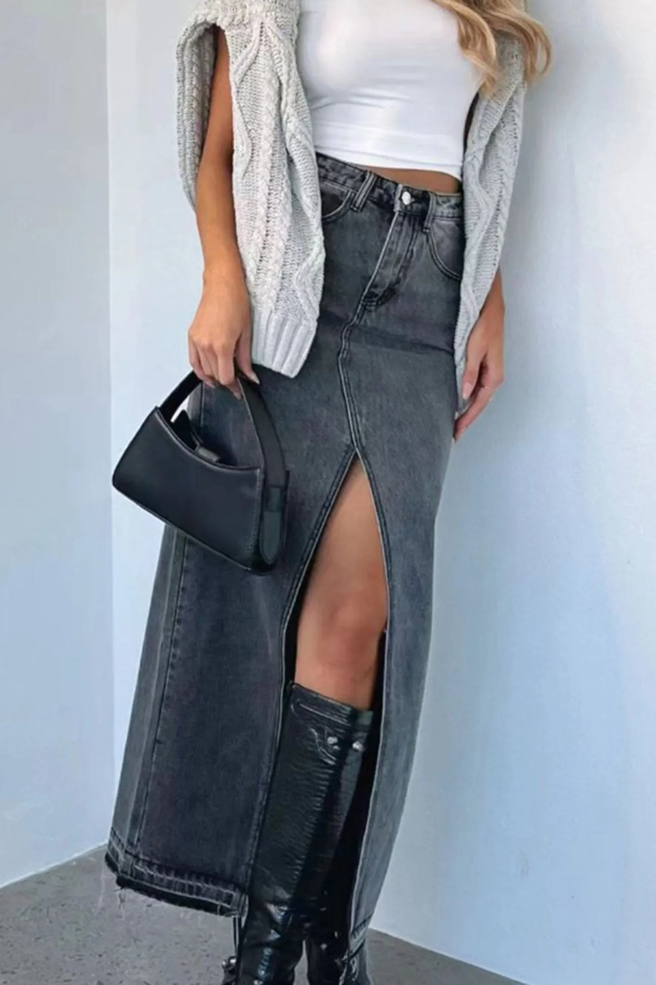 High Rise Slit Front Denim Skirt