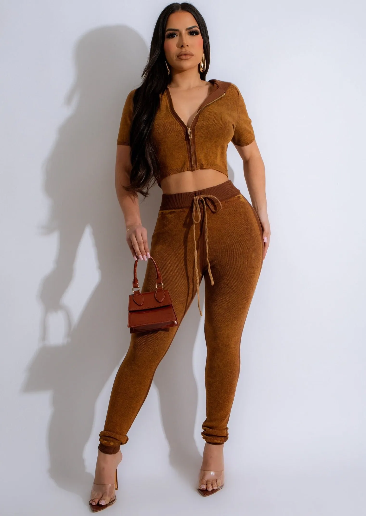 I'm Capricious Knit Jogger Set Brown