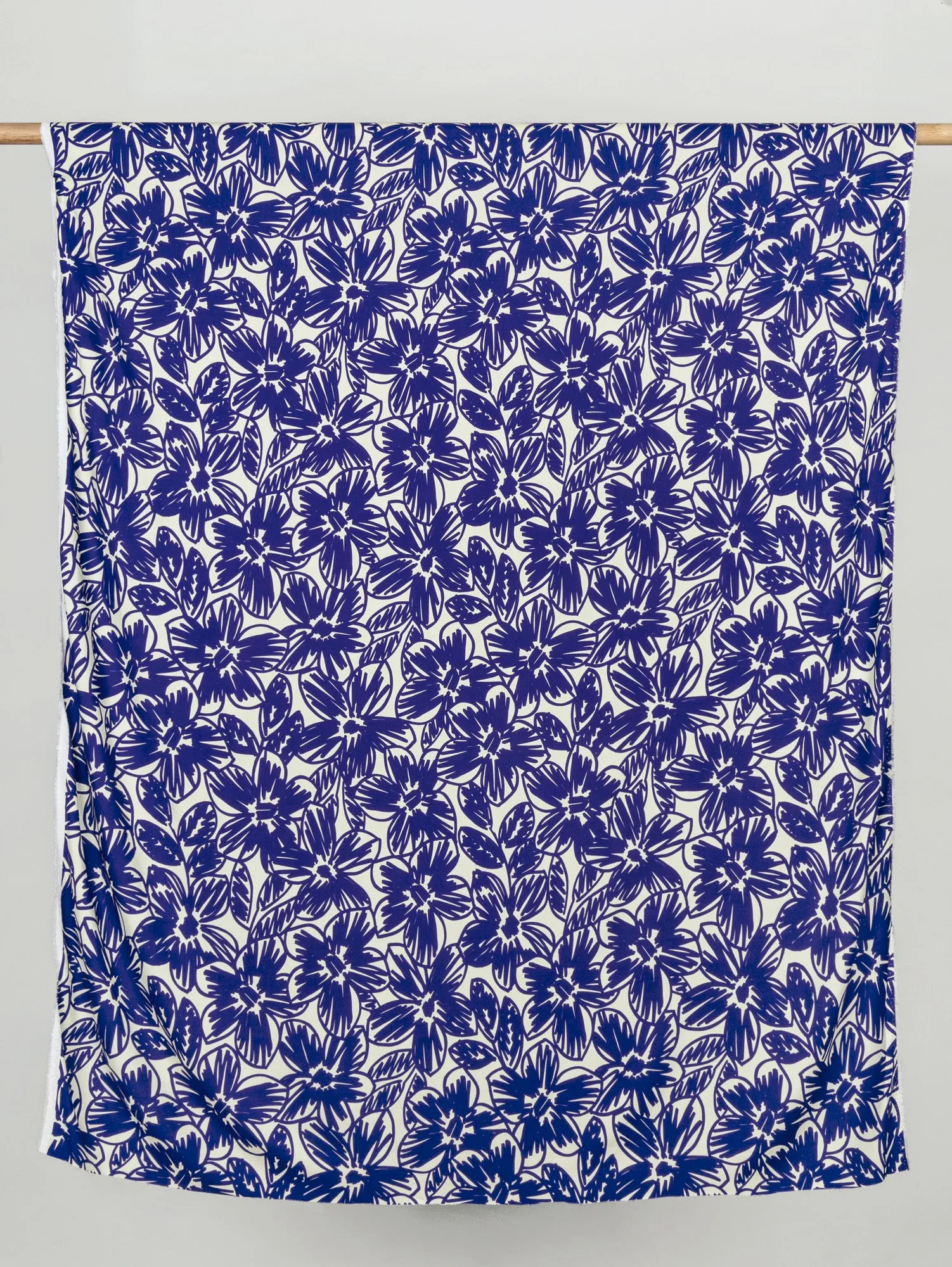 Large Floral Scribble Viscose Twill - Cobalt Blue   Cream - Swatch