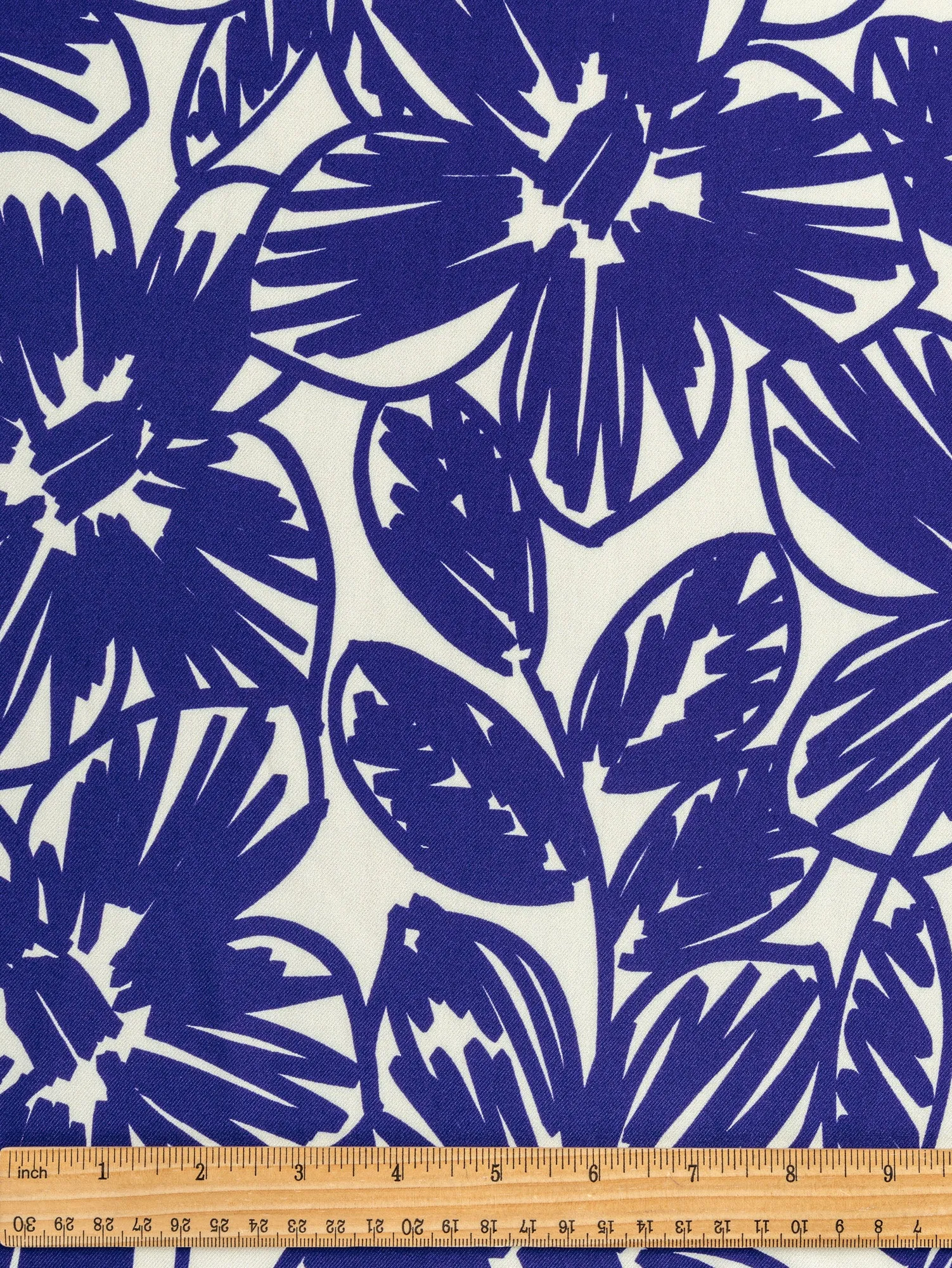 Large Floral Scribble Viscose Twill - Cobalt Blue   Cream - Swatch