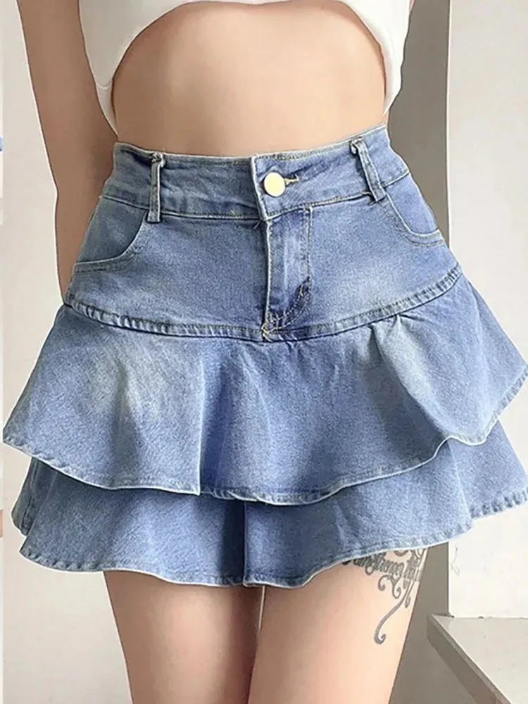 LVSANW DEEPTOWN Vintage Denim Shorts Skirts Women Summer 2024 Streetwear Washed Kawaii cute sexy Ruffles Mini Jeans Saias Female