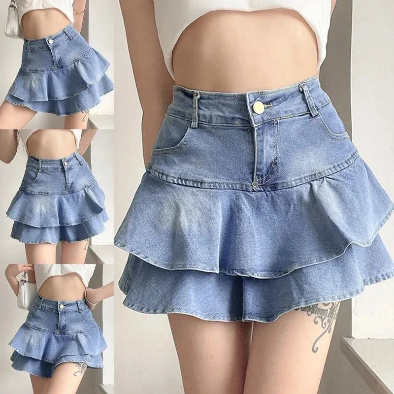 LVSANW DEEPTOWN Vintage Denim Shorts Skirts Women Summer 2024 Streetwear Washed Kawaii cute sexy Ruffles Mini Jeans Saias Female