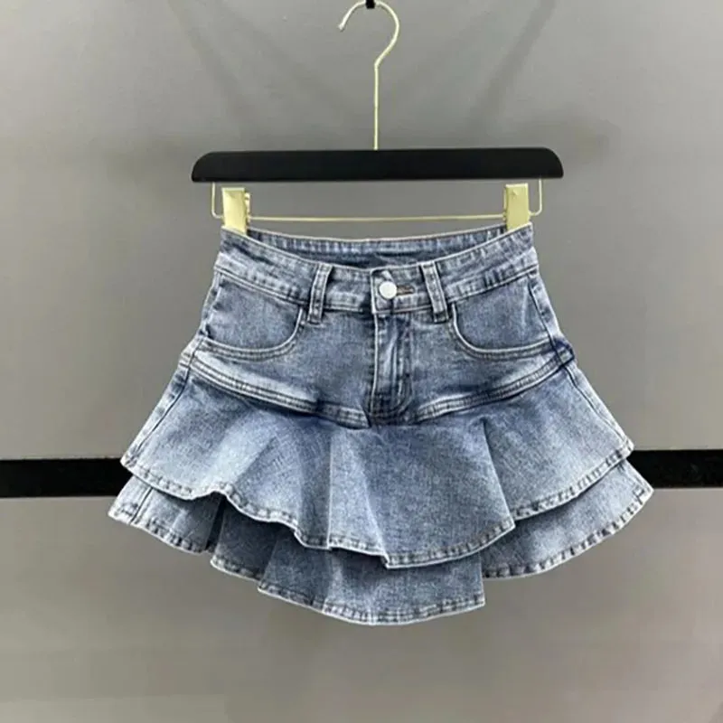 LVSANW DEEPTOWN Vintage Denim Shorts Skirts Women Summer 2024 Streetwear Washed Kawaii cute sexy Ruffles Mini Jeans Saias Female