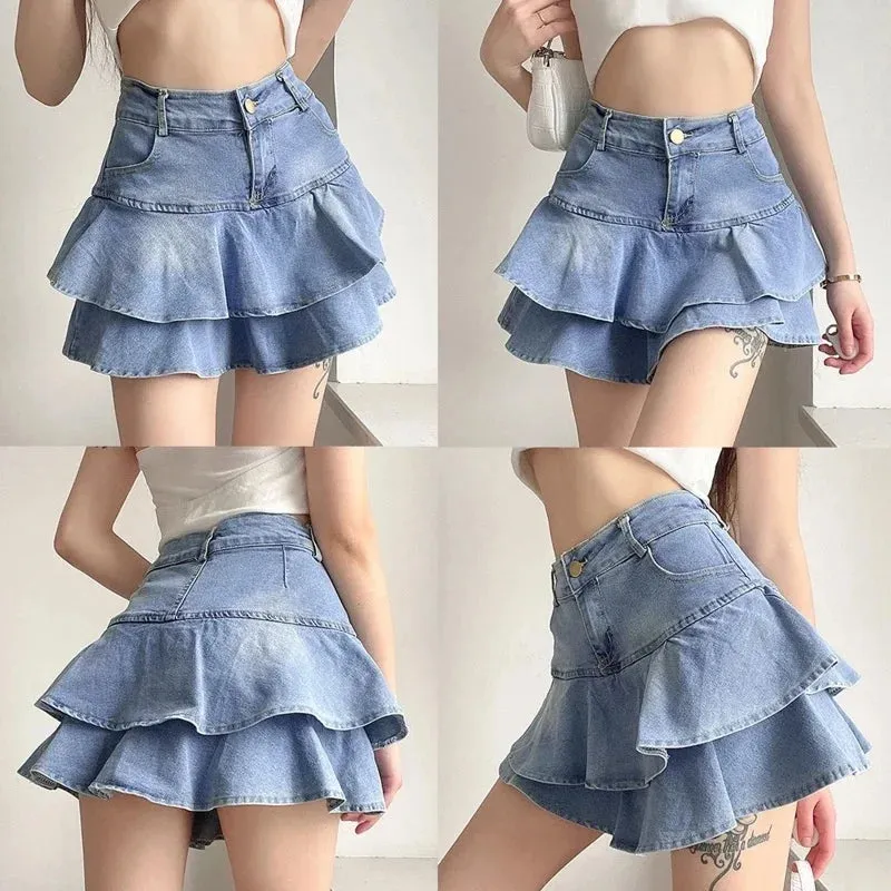 LVSANW DEEPTOWN Vintage Denim Shorts Skirts Women Summer 2024 Streetwear Washed Kawaii cute sexy Ruffles Mini Jeans Saias Female