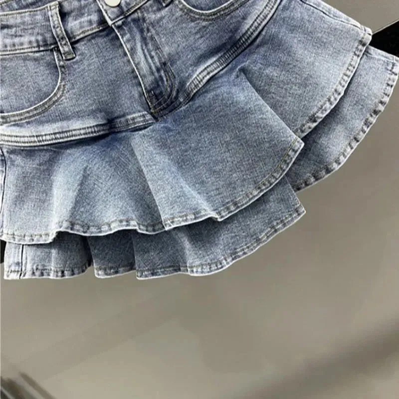 LVSANW DEEPTOWN Vintage Denim Shorts Skirts Women Summer 2024 Streetwear Washed Kawaii cute sexy Ruffles Mini Jeans Saias Female