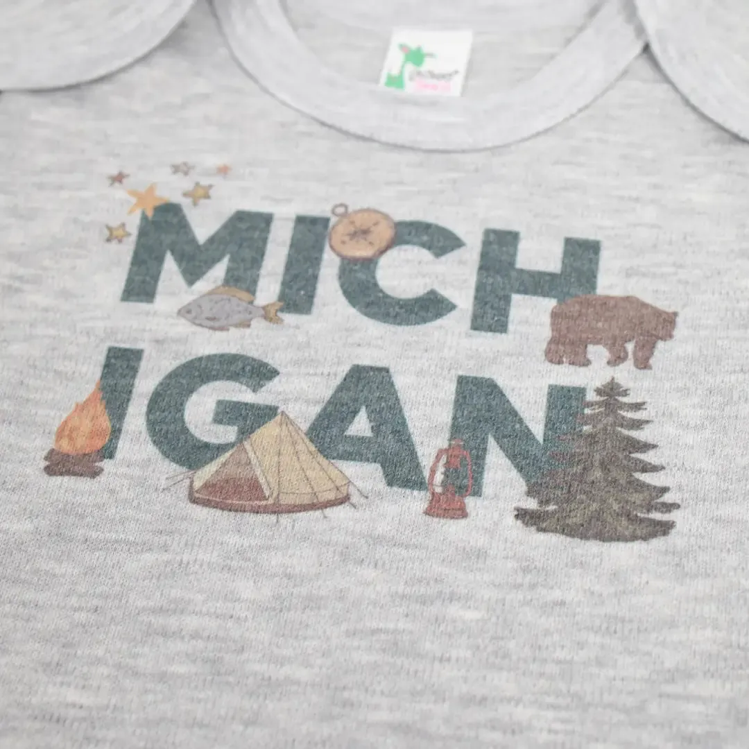 Michigan Camping Emblems Baby Onesie Heather Gray