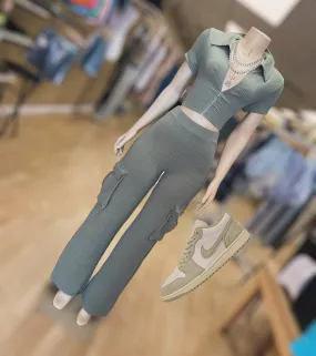 RIBBED ZIP UP CROP TOP AND CARGO PANT SET (Olive)