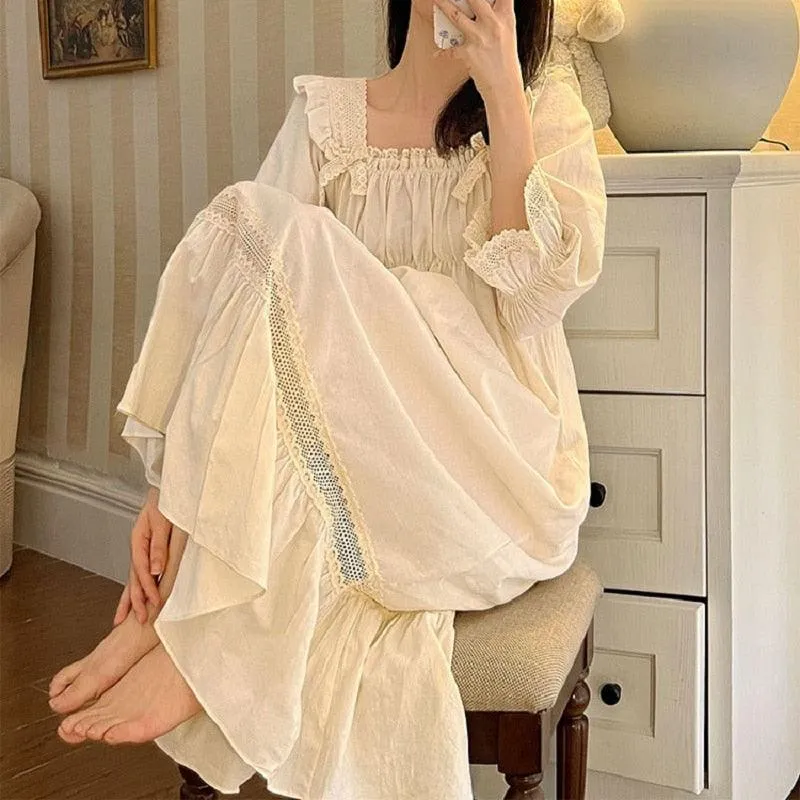 Victorian Cotton Long Nightgown, Vintage Embroidery Nightgown