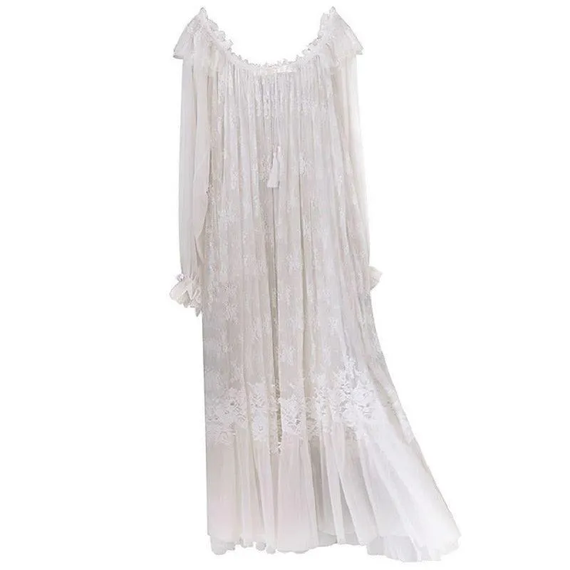 Vintage Embroidery White Lace Women's Long Nightgowns, Victorian Bridal Nightgown