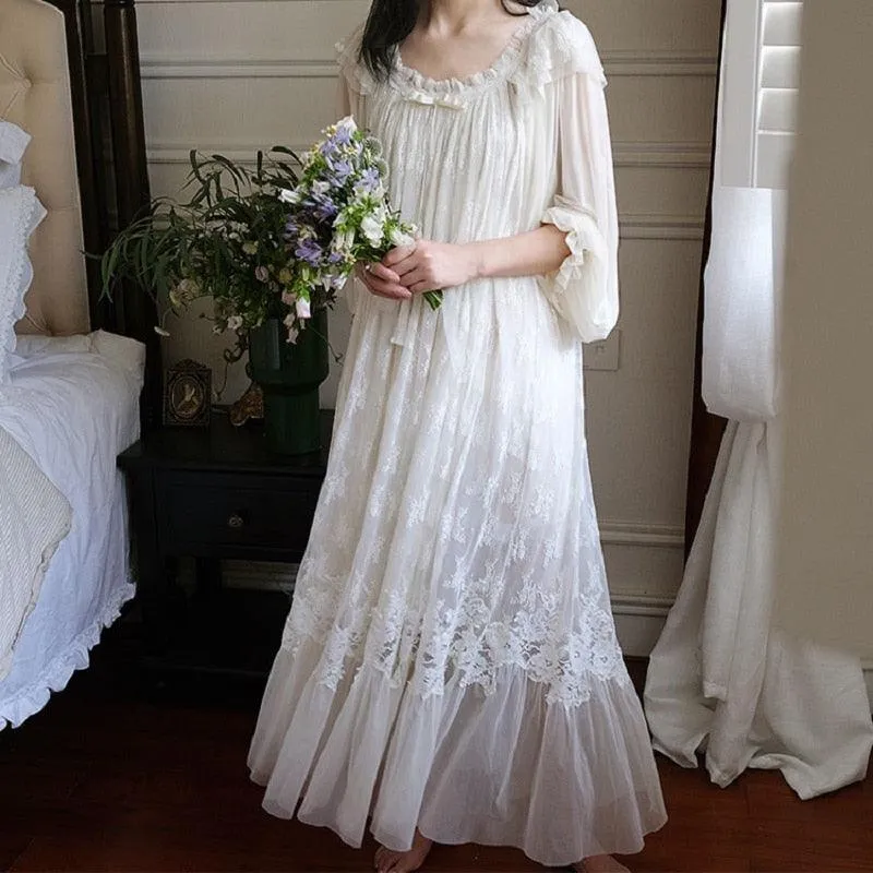 Vintage Embroidery White Lace Women's Long Nightgowns, Victorian Bridal Nightgown