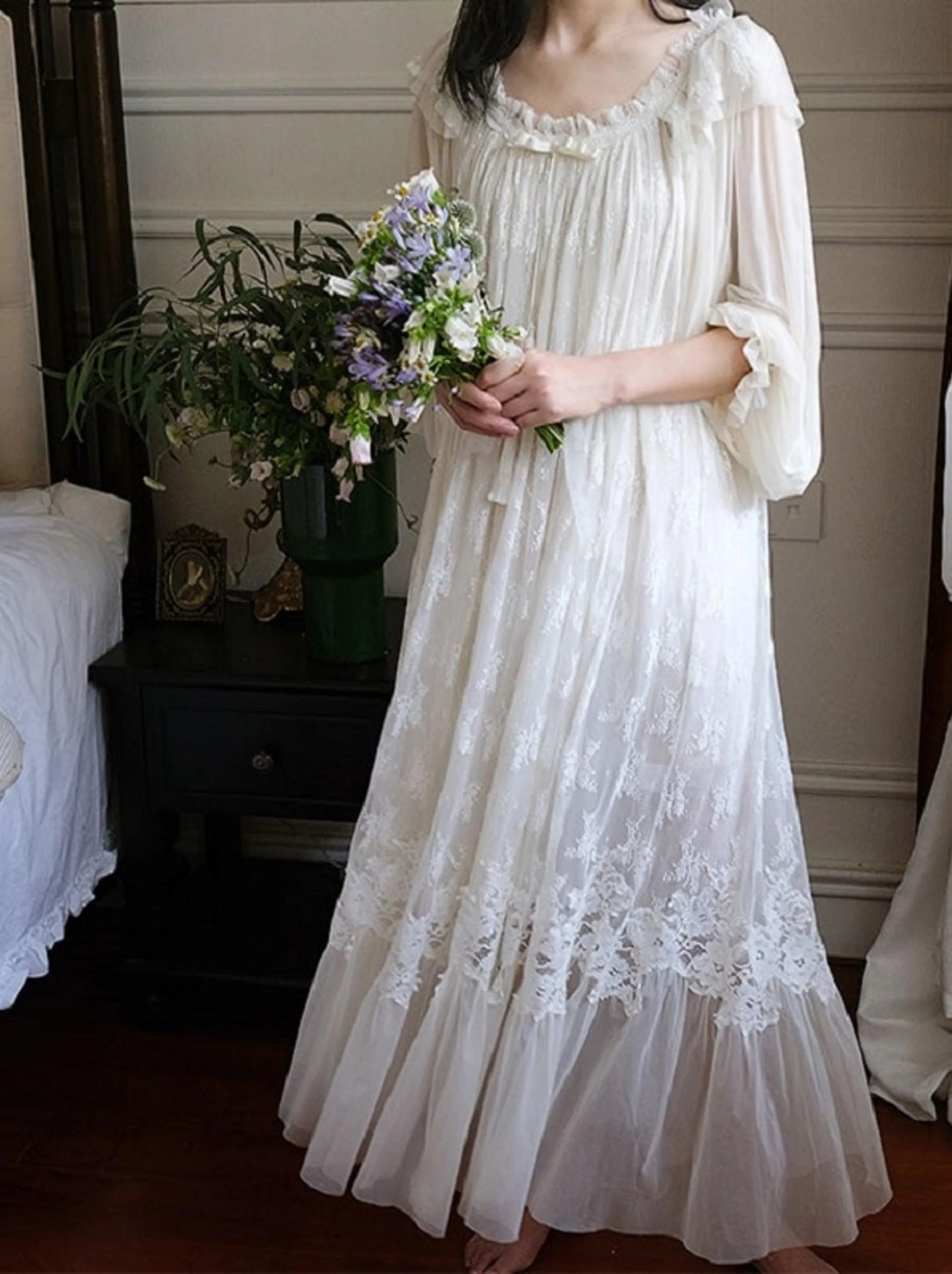 Vintage Embroidery White Lace Women's Long Nightgowns, Victorian Bridal Nightgown