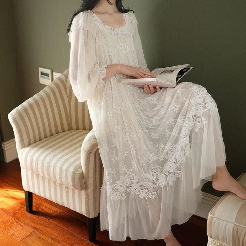 Vintage Embroidery White Lace Women's Long Nightgowns, Victorian Bridal Nightgown