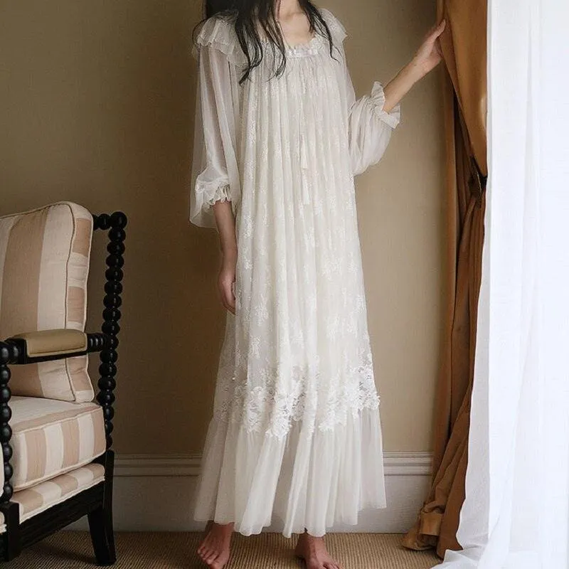 Vintage Embroidery White Lace Women's Long Nightgowns, Victorian Bridal Nightgown