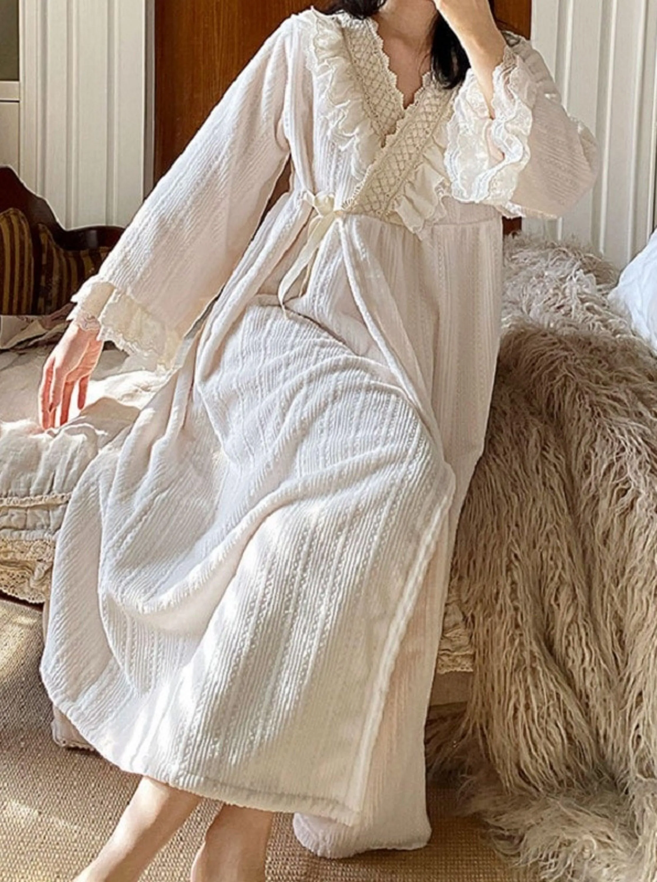 Vintage Flannel Warm Long Robes Dress, Vintage Embroidery Loose Nightgown, Victorian Nightgown