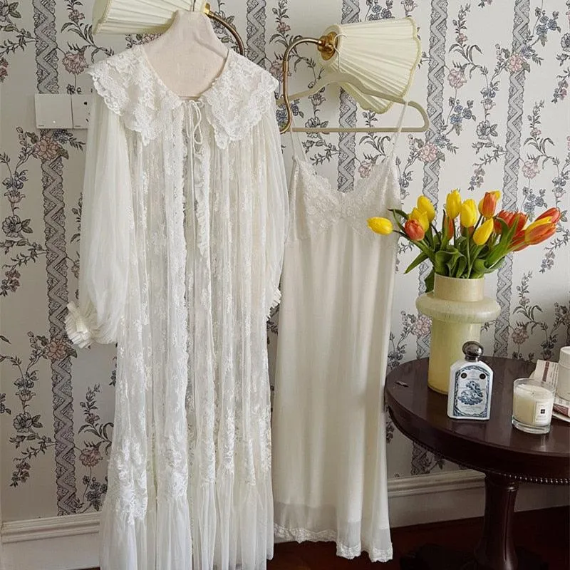 Vintage Luxury White Lace 2-Pics Nightdress, Vintage Lace Nightgown, Victorian Nightgown