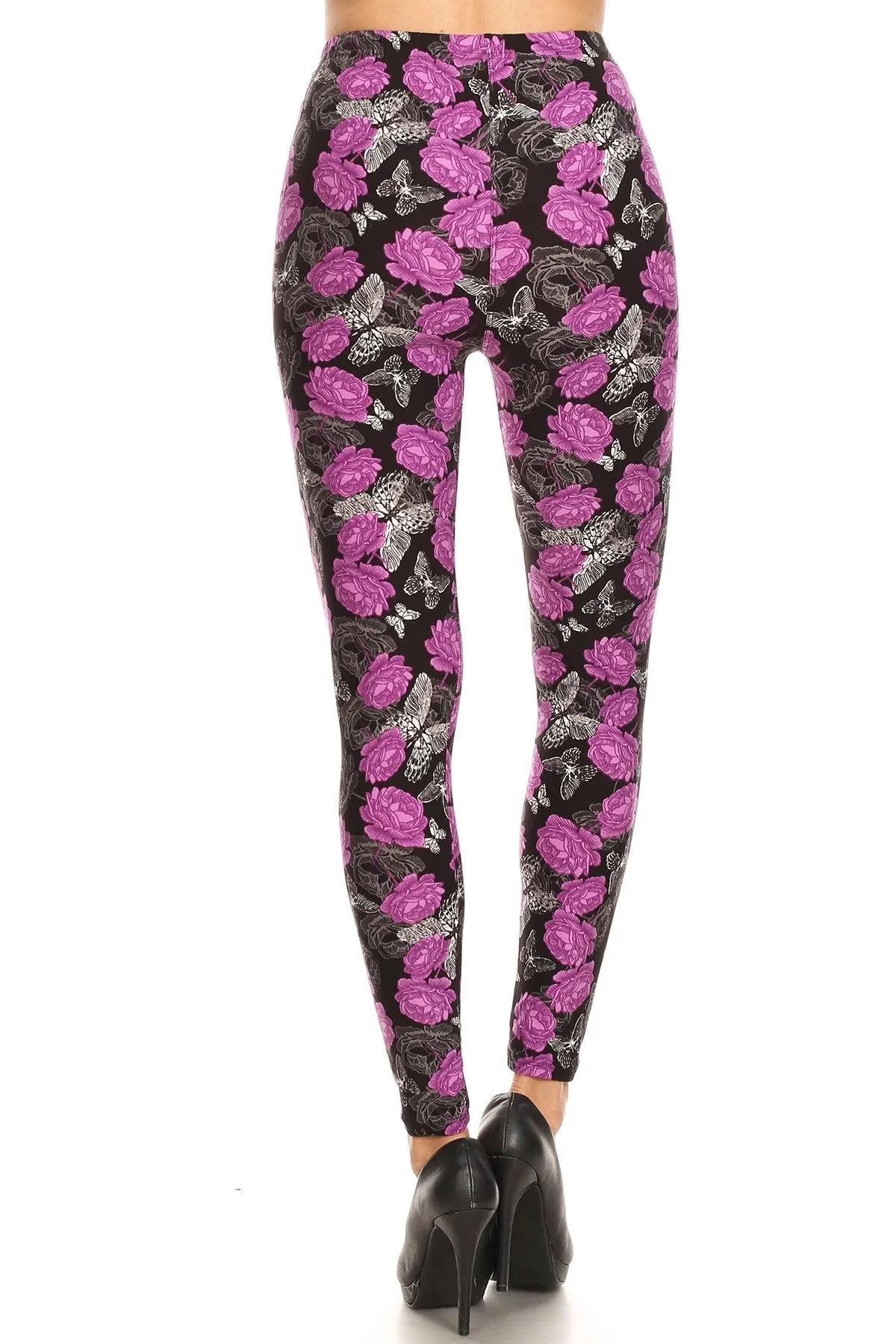 Women's 3X 5X Purple Rose Butterfly Pattern Printed Leggings