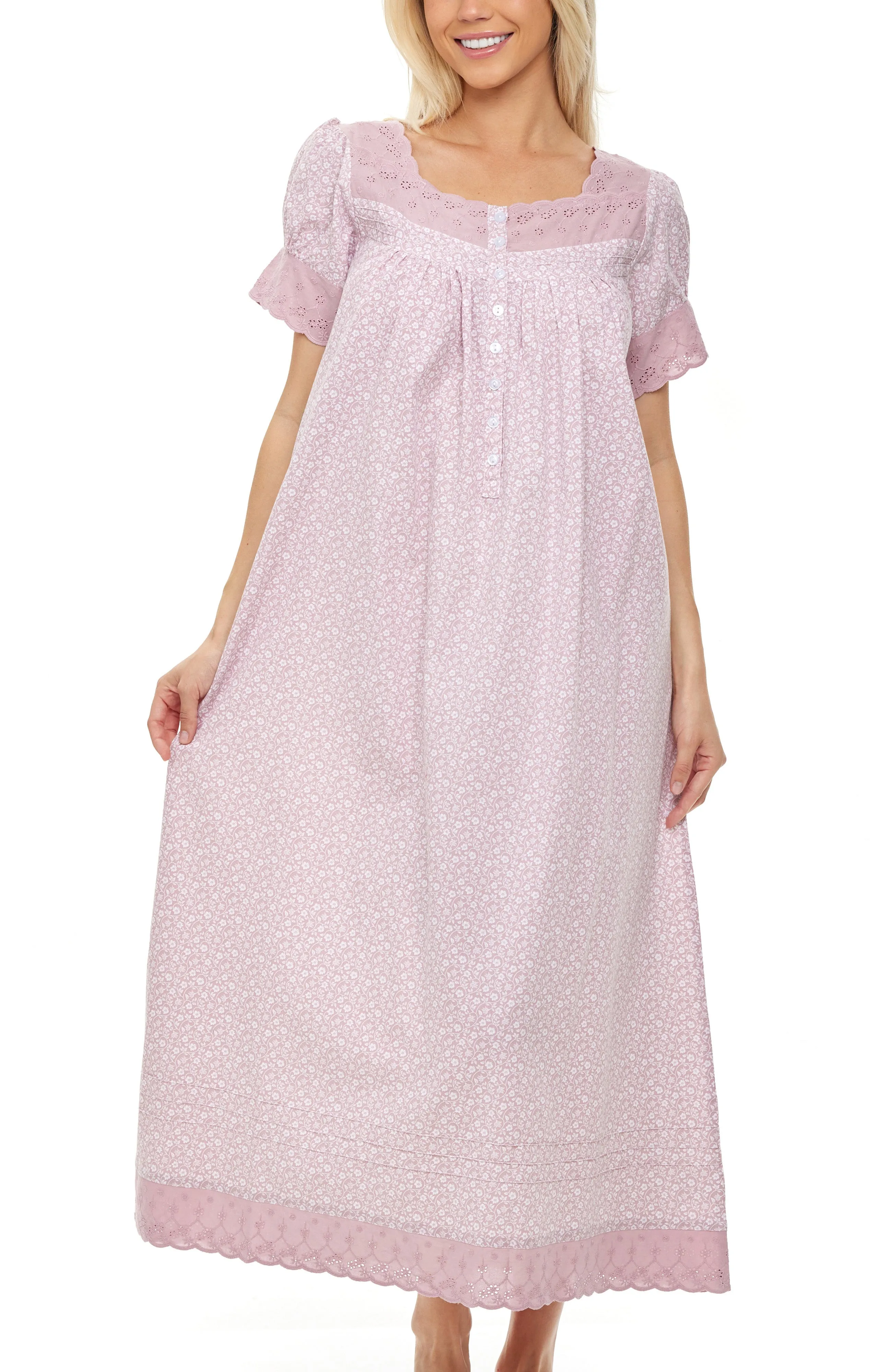 Women's Cotton Victorian Nightgown, Amelia Short Sleeve Lace Trimmed Button Up Long Night Dress