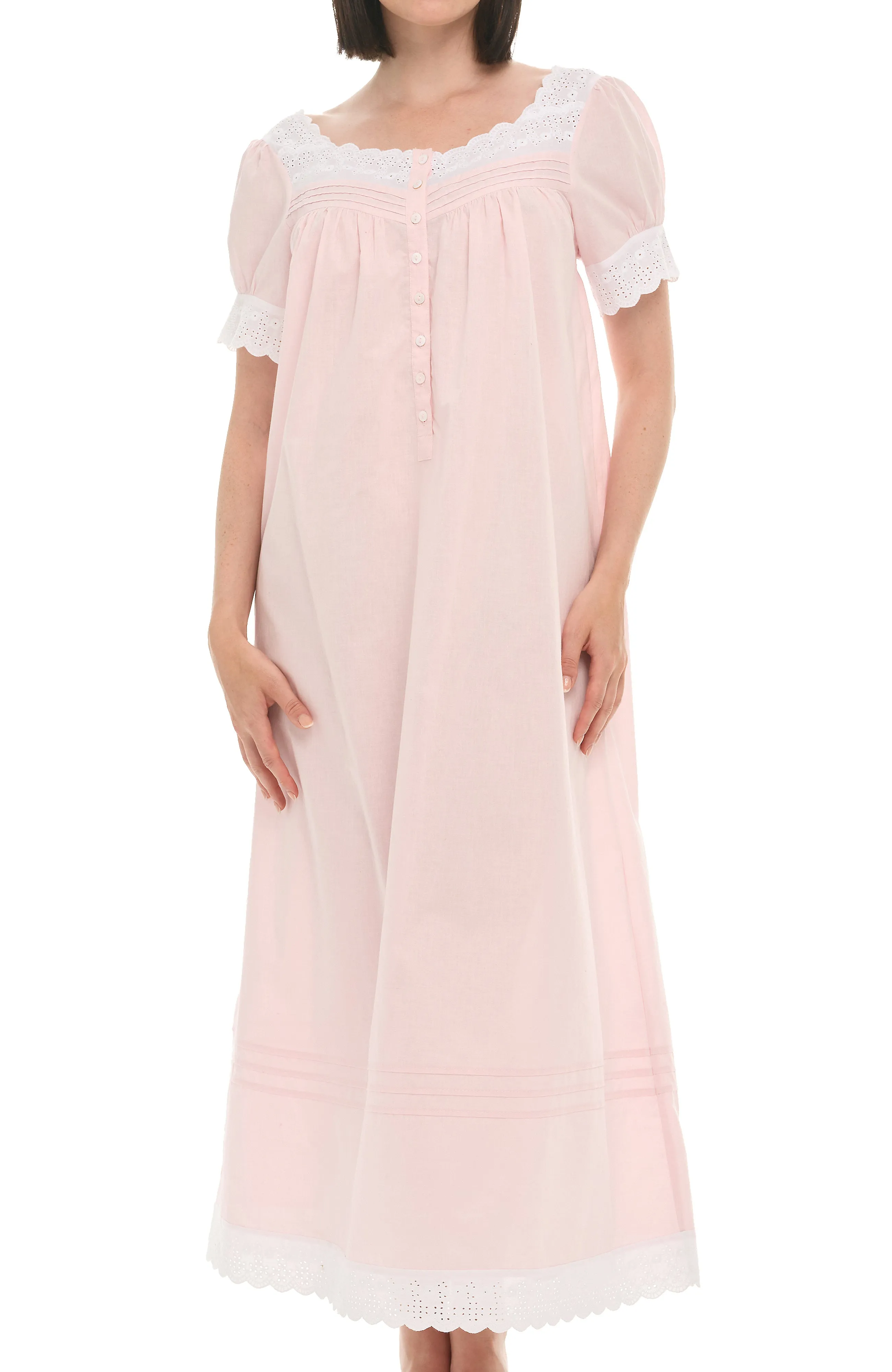 Women's Cotton Victorian Nightgown, Amelia Short Sleeve Lace Trimmed Button Up Long Night Dress