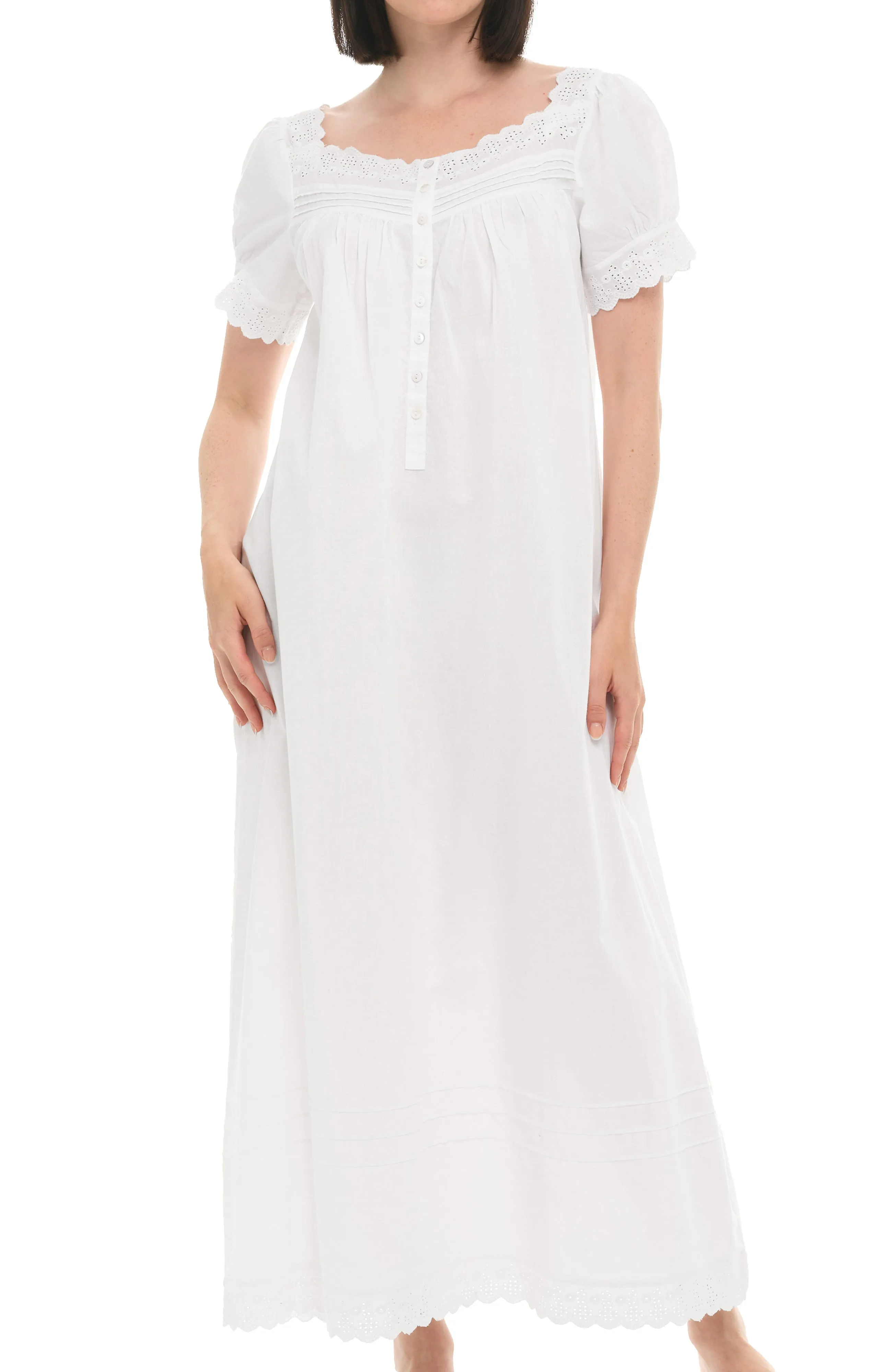 Women's Cotton Victorian Nightgown, Amelia Short Sleeve Lace Trimmed Button Up Long Night Dress