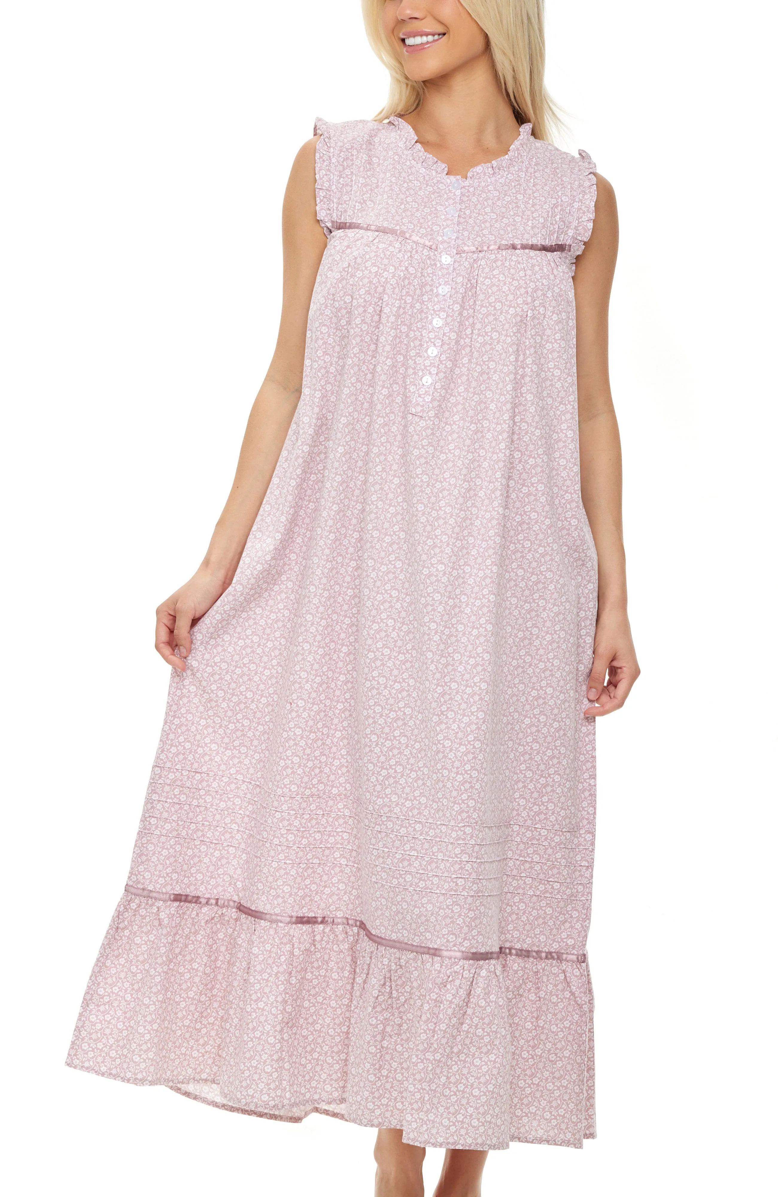 Women's Cotton Victorian Nightgown, Miriam Sleeveless Lace Trimmed Ruffled Long Night Dress