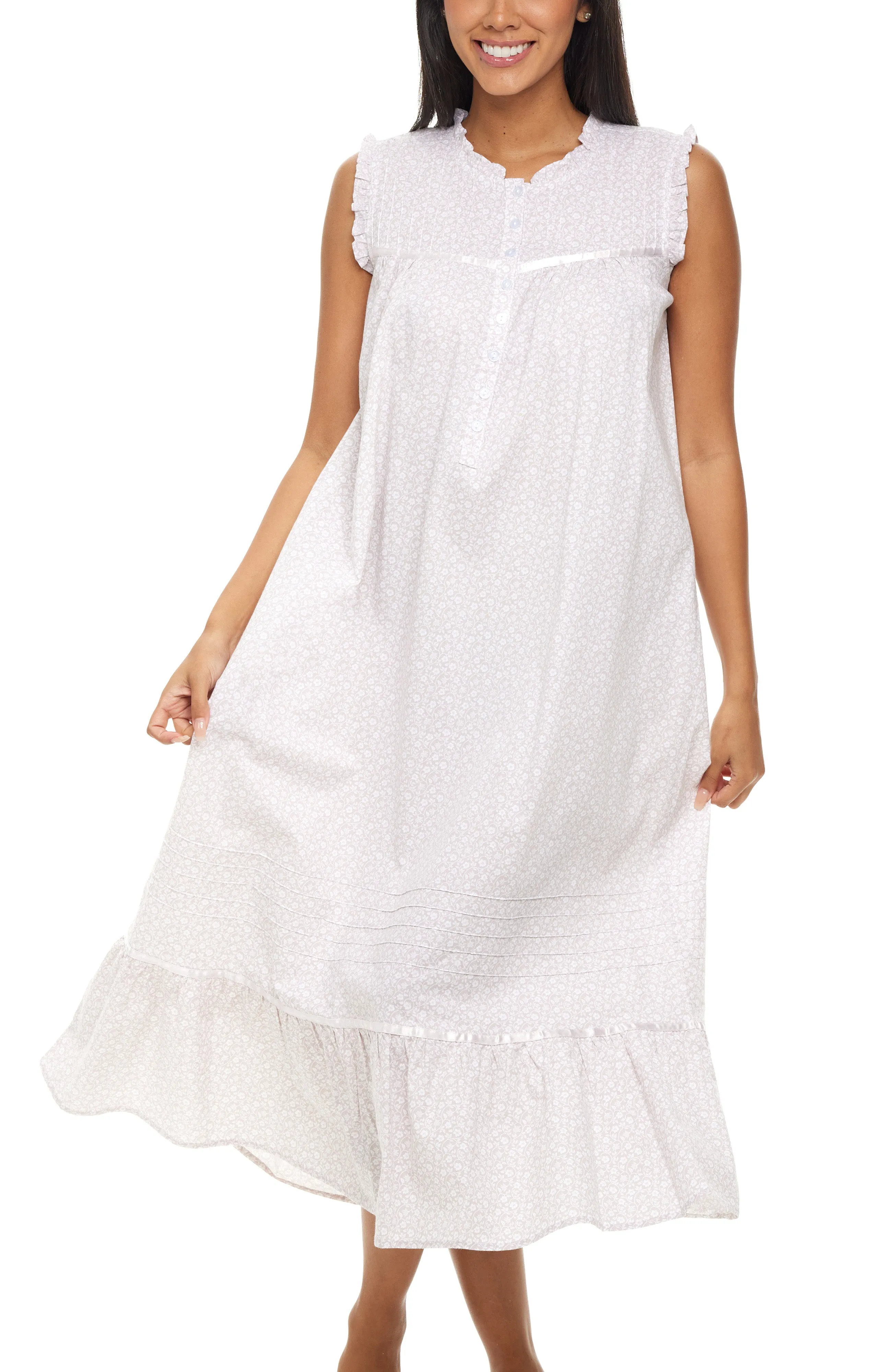 Women's Cotton Victorian Nightgown, Miriam Sleeveless Lace Trimmed Ruffled Long Night Dress